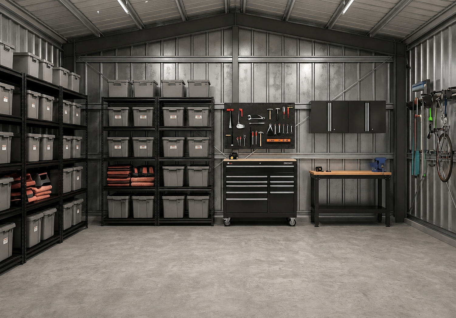 QuickBuild pre-engineered steel building interior for commercial equipment and storage space.